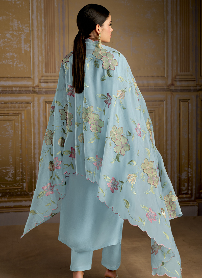 Women SkyBlue Barbarik Silk Un Stitched Suit Ethnic Collections
